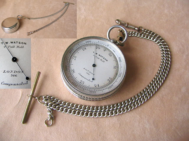 Victorian pocket barometer with altimeter bezel, on albert chain
